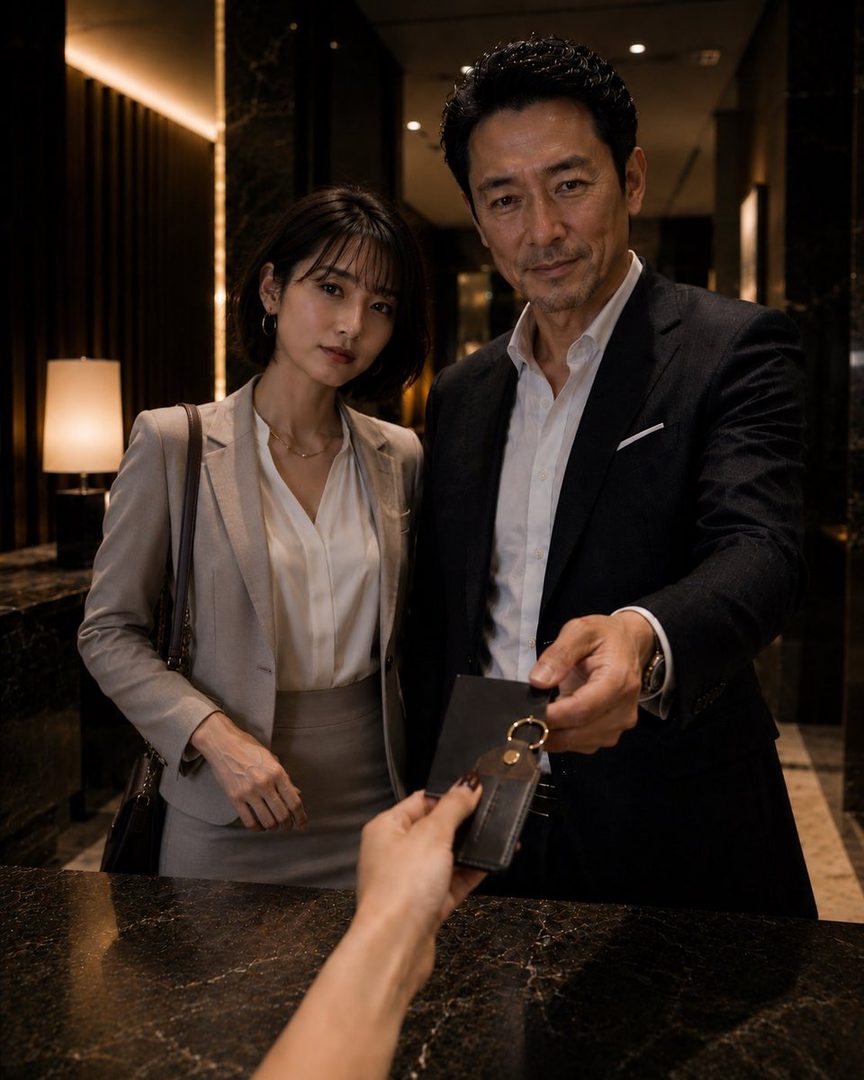 Elegant Asian couple in business attire receiving a hotel room key at a luxurious marble reception desk.
