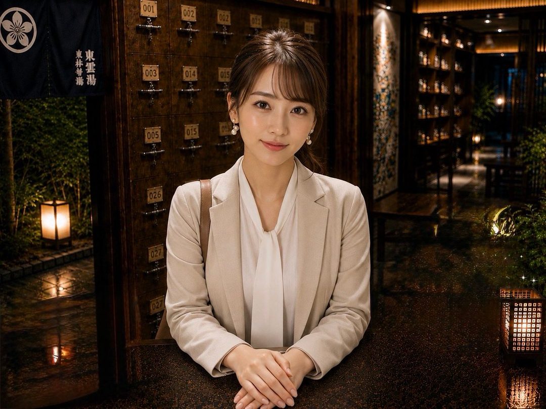 Elegant portrait of a young Japanese woman with brown hair in a beige blazer and white blouse, posing in a traditional Japanese interior with wooden lockers.