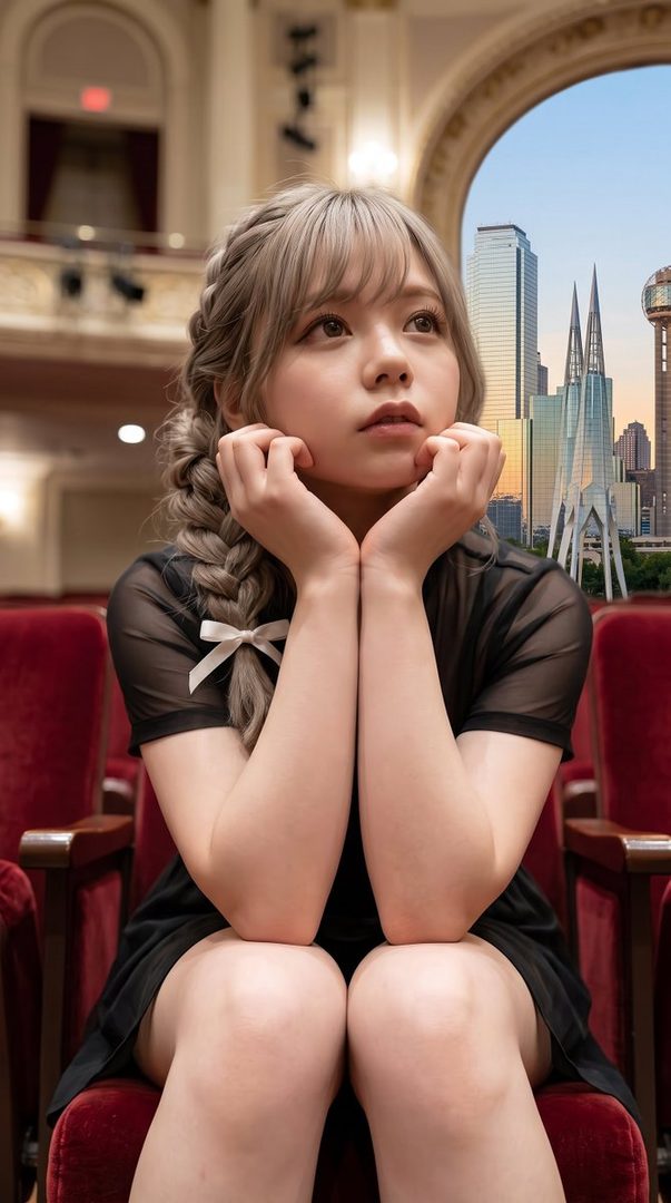 Young woman with silver braided hair in a black dress sitting thoughtfully in a theater with a city skyline visible through an archway.
