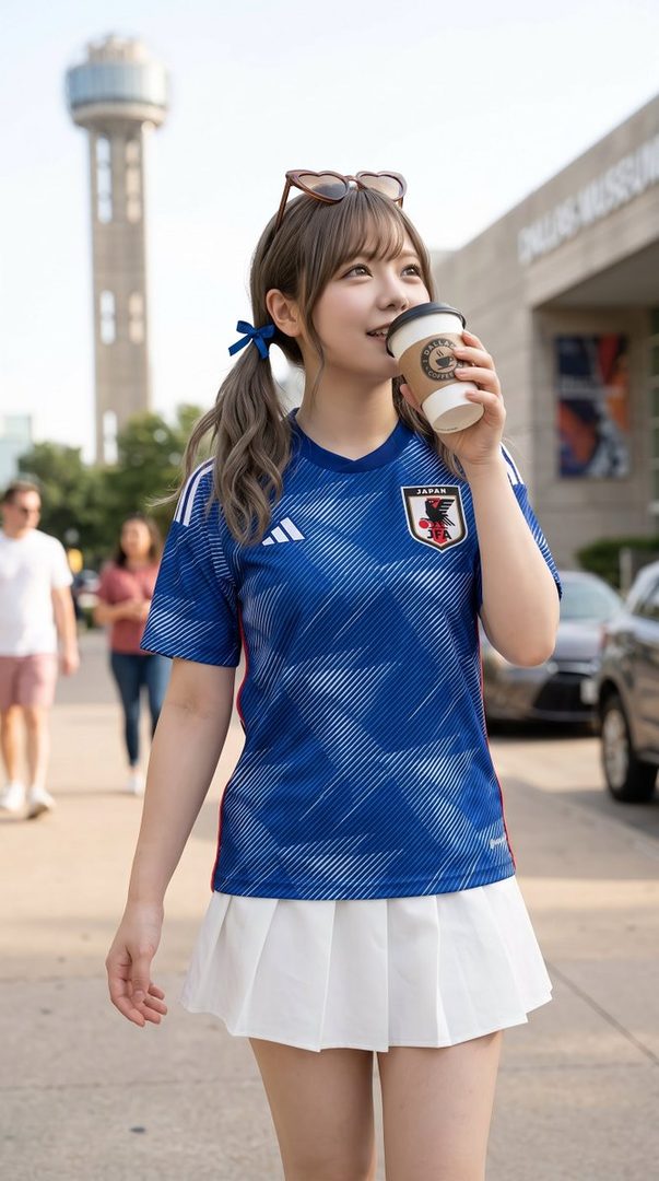 Young woman in Japan national soccer jersey and white skirt sipping coffee on a sunny street in Dallas.
