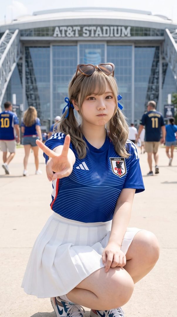 Young woman in Japan national soccer jersey making peace sign while squatting outside AT&T Stadium on a sunny day.