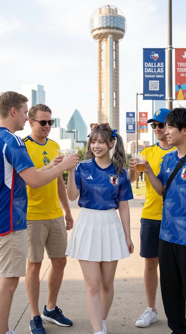Young woman in Japan national team jersey toasting with friends outdoors in Dallas near Reunion Tower.