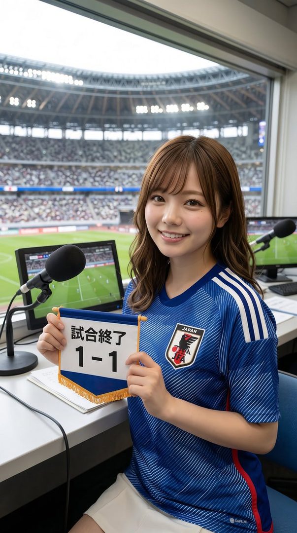 Smiling young Japanese woman in blue national soccer jersey holding a 1-1 match end sign inside a broadcast booth overlooking a packed stadium.