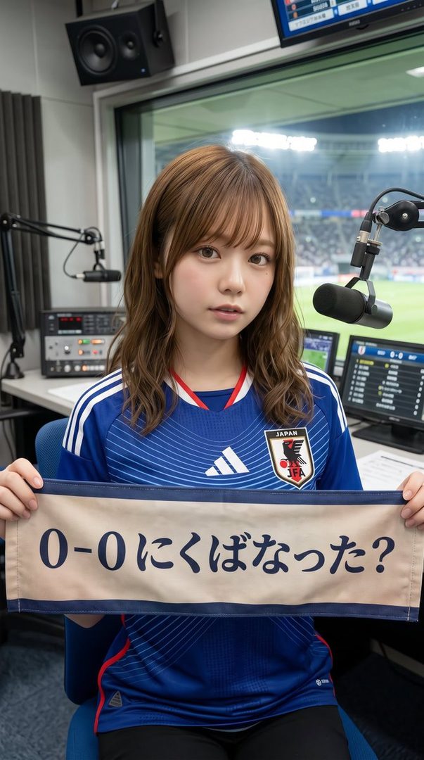 Young Japanese woman wearing a blue Japan national soccer jersey holding a 0-0 halftime banner inside a broadcast booth overlooking a stadium at night.