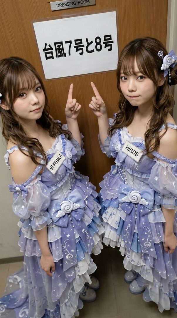 Two young women in matching frilly purple and blue dresses posing as typhoon personifications in front of a dressing room door.