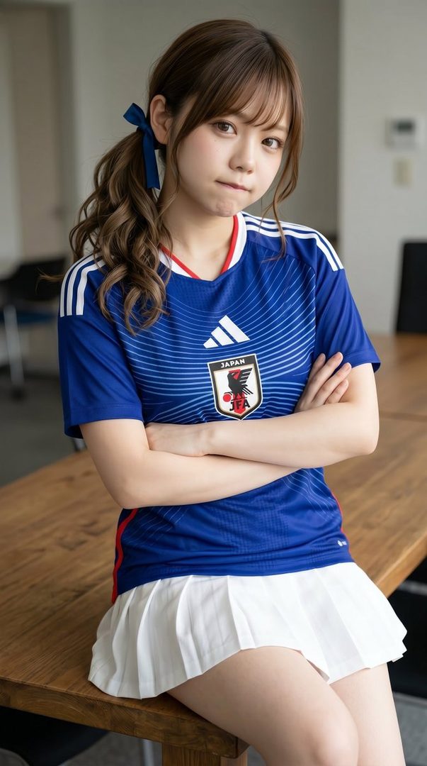 Young Japanese woman in blue national soccer jersey and white pleated skirt posing indoors with arms crossed.