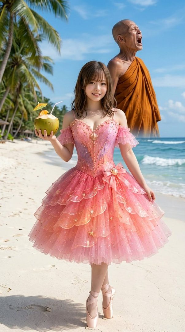 Young woman in a sparkling pink dress holding a coconut on a sunny tropical beach with a bald monk figure in the background.