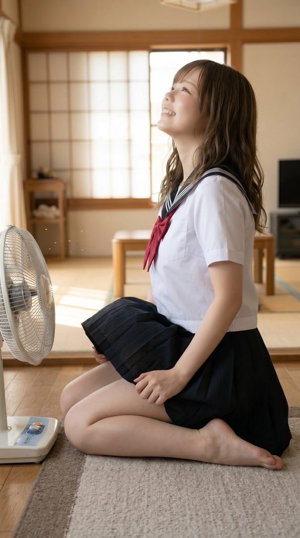 Young woman in Japanese school uniform sitting barefoot on a tatami mat, smiling as a fan blows air in a sunlit traditional Japanese room.