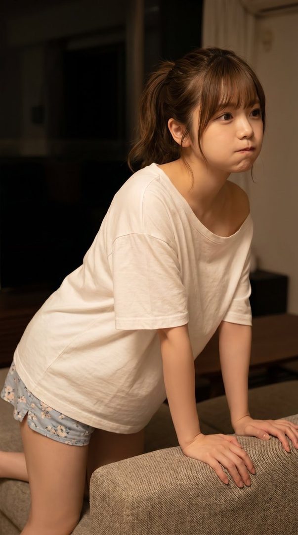Young Japanese woman with brown ponytail wearing oversized white t-shirt and patterned shorts, leaning on a couch indoors.