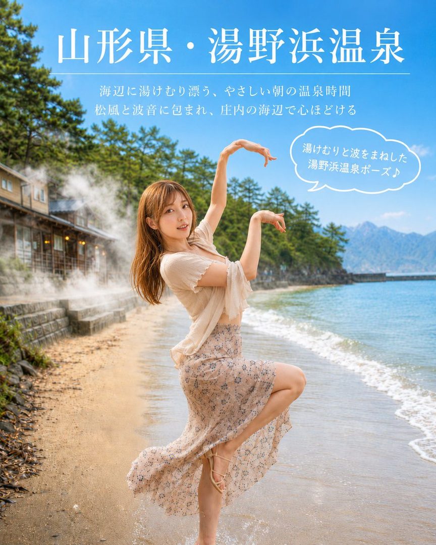 A young woman in a flowing blouse and floral skirt poses gracefully on a sunny beach beside a Japanese hot spring resort.
