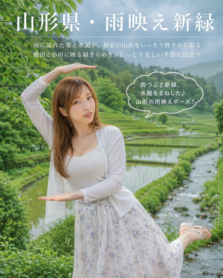 Young Japanese woman posing gracefully among lush green rice terraces and a flowing stream in early summer rain.