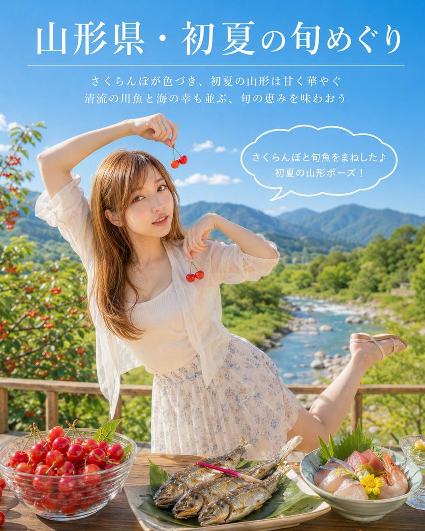 A young woman in a white blouse and floral skirt posing with fresh cherries on a scenic overlook with mountains and river in Yamagata during early summer.