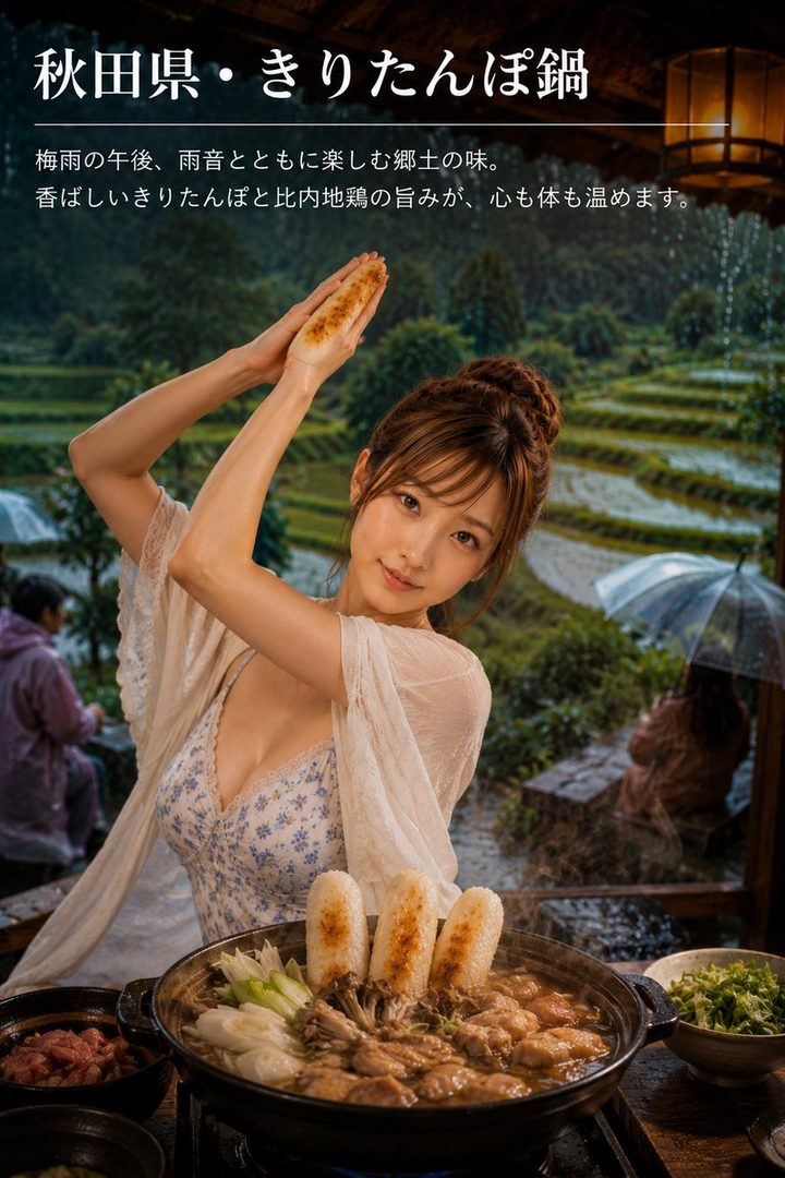 Elegant Japanese woman holding grilled kiridampo rice skewer over a steaming hot pot in a rainy Akita rice terrace landscape.