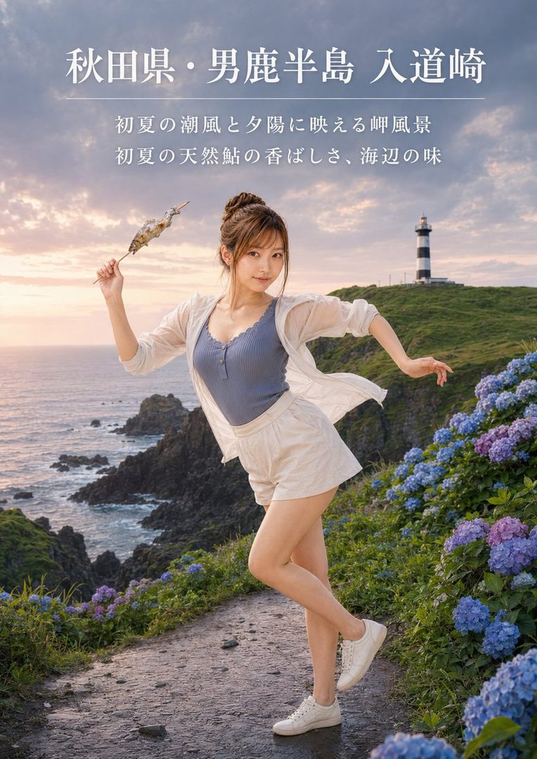 Young woman posing on a scenic coastal cliff path at sunset holding grilled fish, with a lighthouse and blooming hydrangeas overlooking the sea.