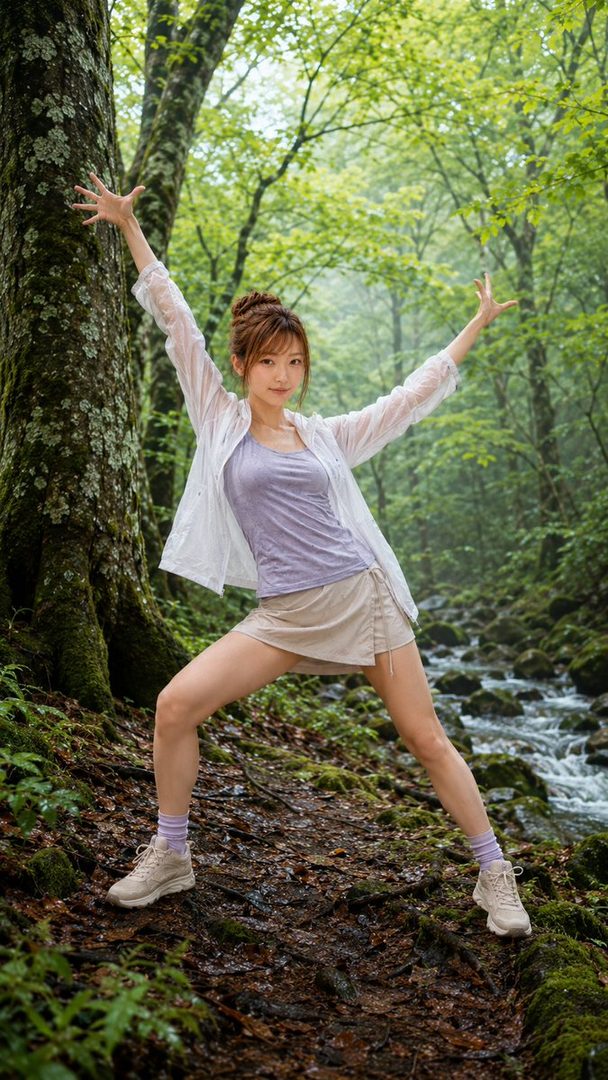 Young woman in casual summer outfit posing with arms outstretched in a misty Japanese forest by a stream.