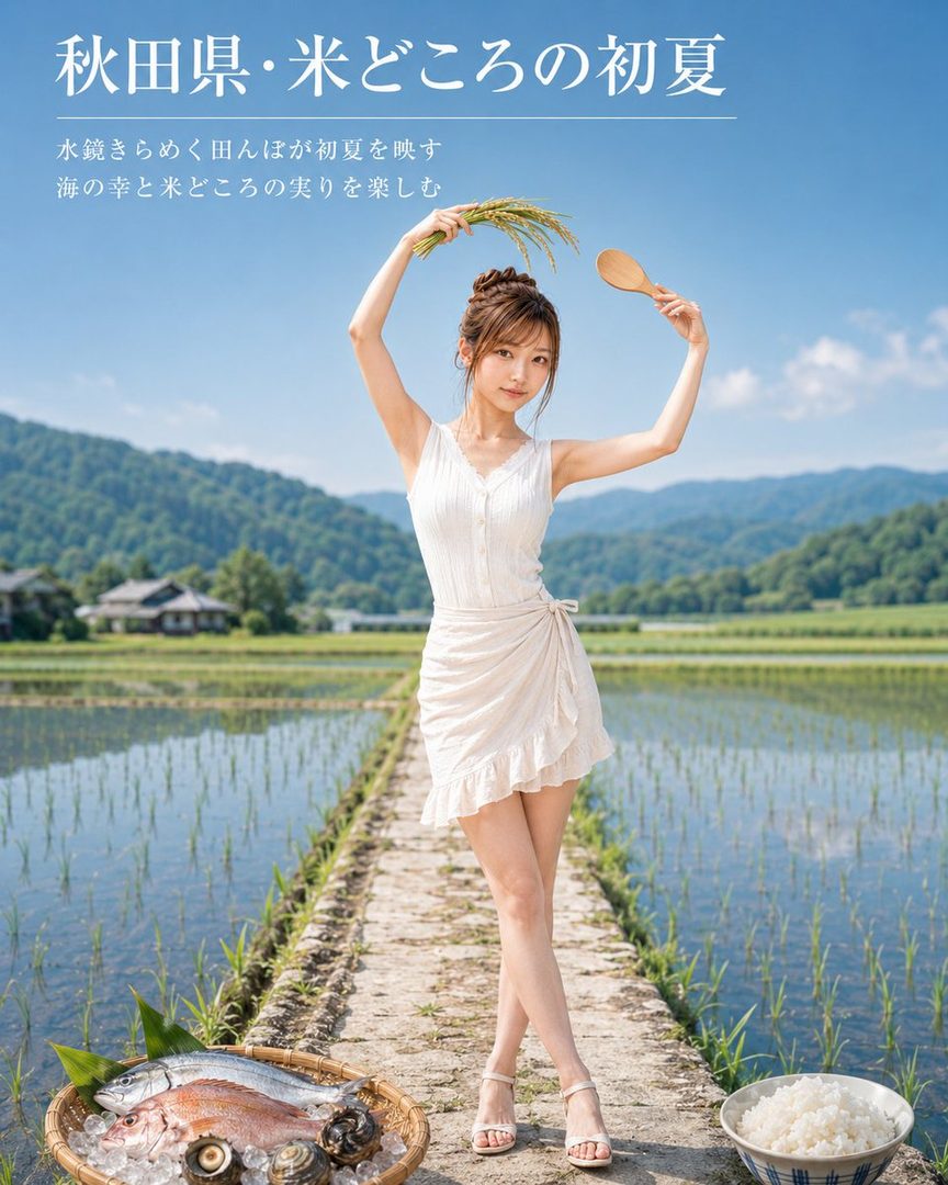 Young woman in a white dress posing gracefully in a flooded rice paddy, holding rice stalks and a wooden spoon, with fresh seafood and rice bowls in the foreground under a clear blue sky.