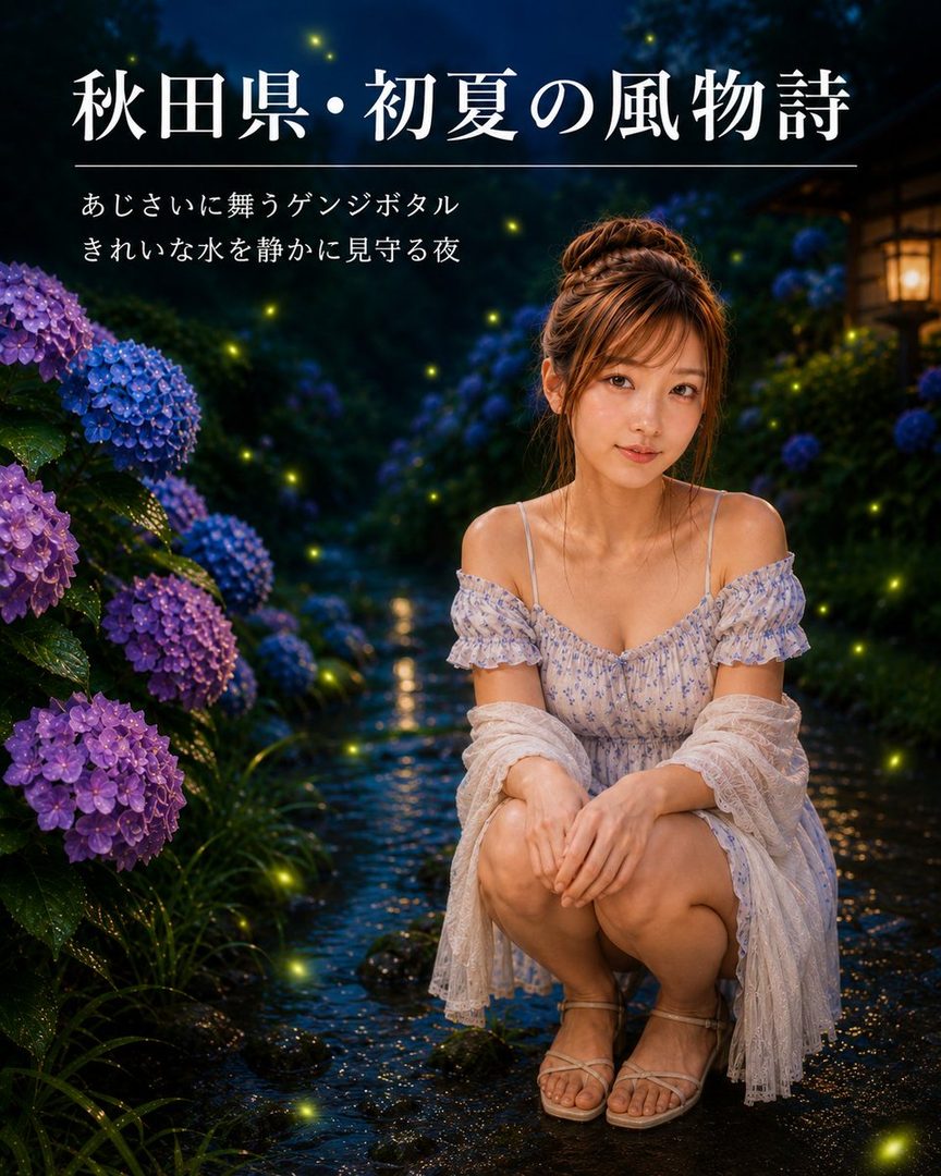 Young woman in a floral off-shoulder dress posing by a glowing stream amid purple hydrangeas and fireflies on a summer night.