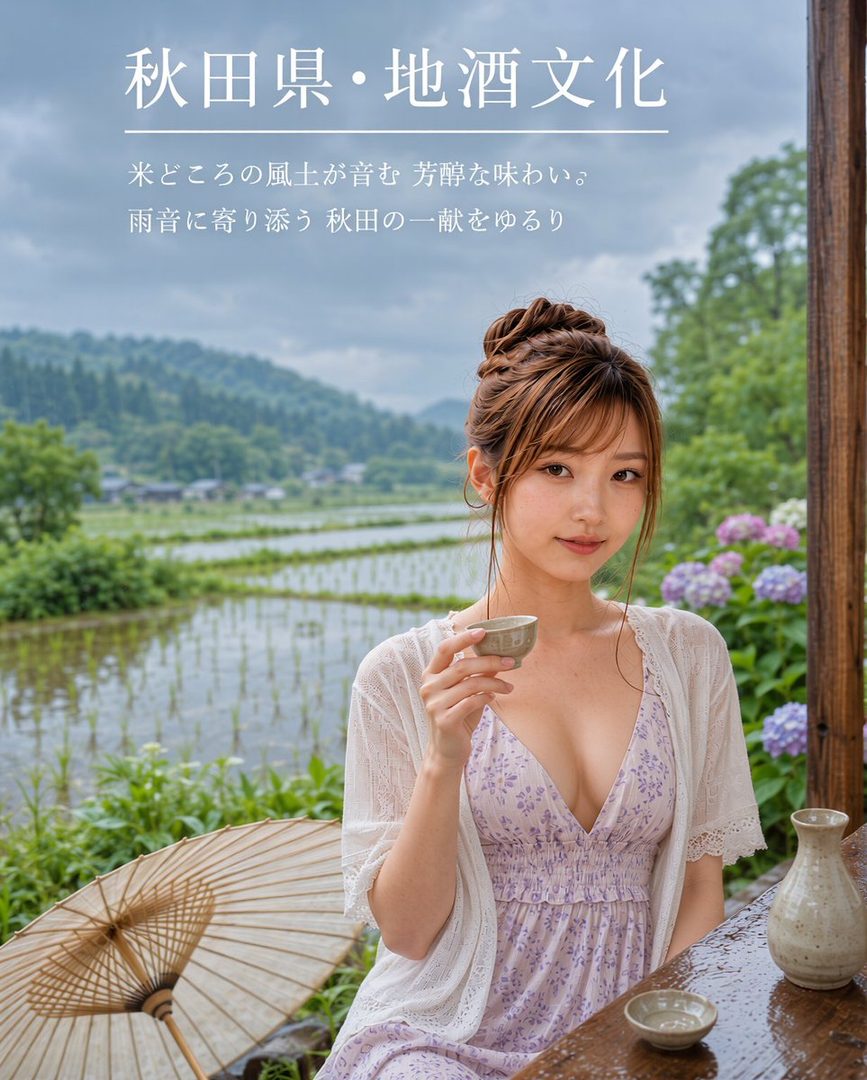 Young Japanese woman in a floral dress holding a sake cup on a rainy veranda overlooking Akita rice paddies and hydrangeas.