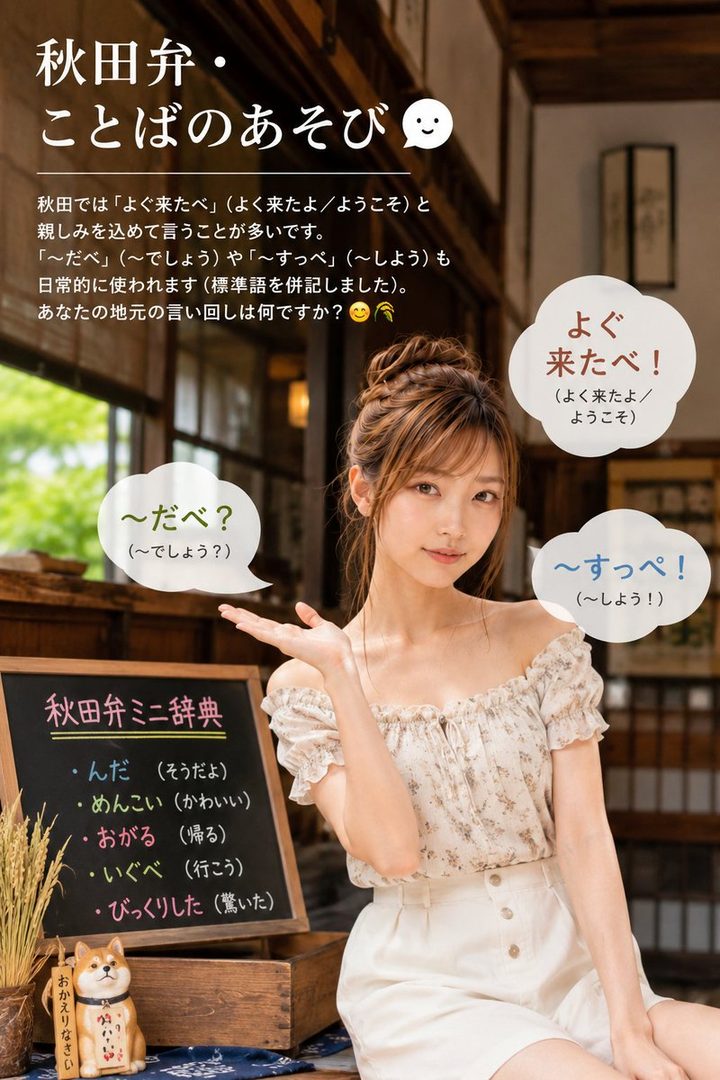 A young Japanese woman with light brown hair in an updo smiles and gestures in a traditional indoor setting beside a chalkboard displaying Akita dialect phrases.