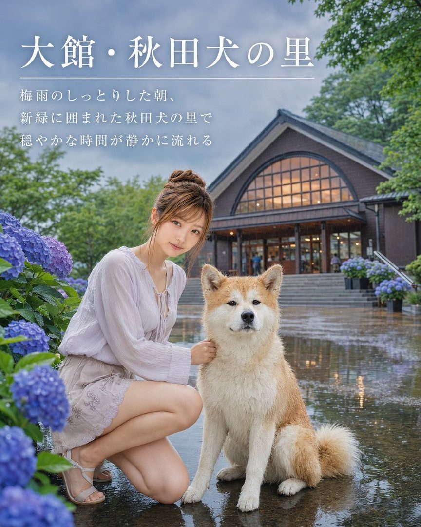 A young Japanese woman crouches beside a seated Akita Inu dog on wet pavement in front of a traditional building with blooming blue hydrangeas on a rainy day.