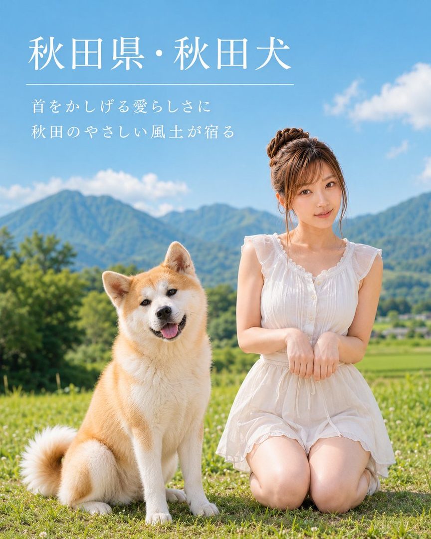 A young Japanese woman in a white dress kneels beside a smiling Akita Inu dog on a grassy field with green mountains under a clear blue sky.