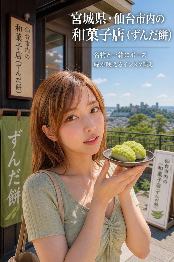 Young Japanese woman in a light green top holding a plate of zunda mochi outside a traditional shop with a scenic city view in the background.