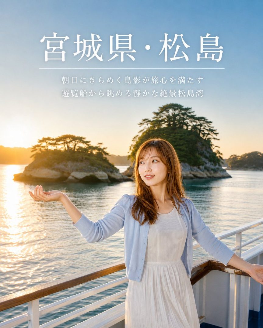 A young woman in a white dress and light blue cardigan posing gracefully on a boat overlooking the scenic pine-covered islands of Matsushima Bay at sunrise.