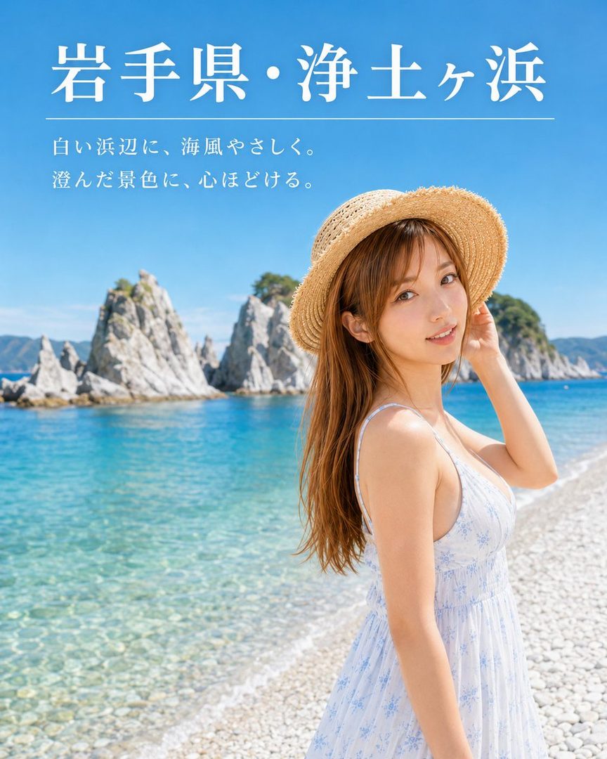 Young woman in a straw hat and light floral dress posing on a scenic pebble beach with turquoise water and dramatic rock formations.