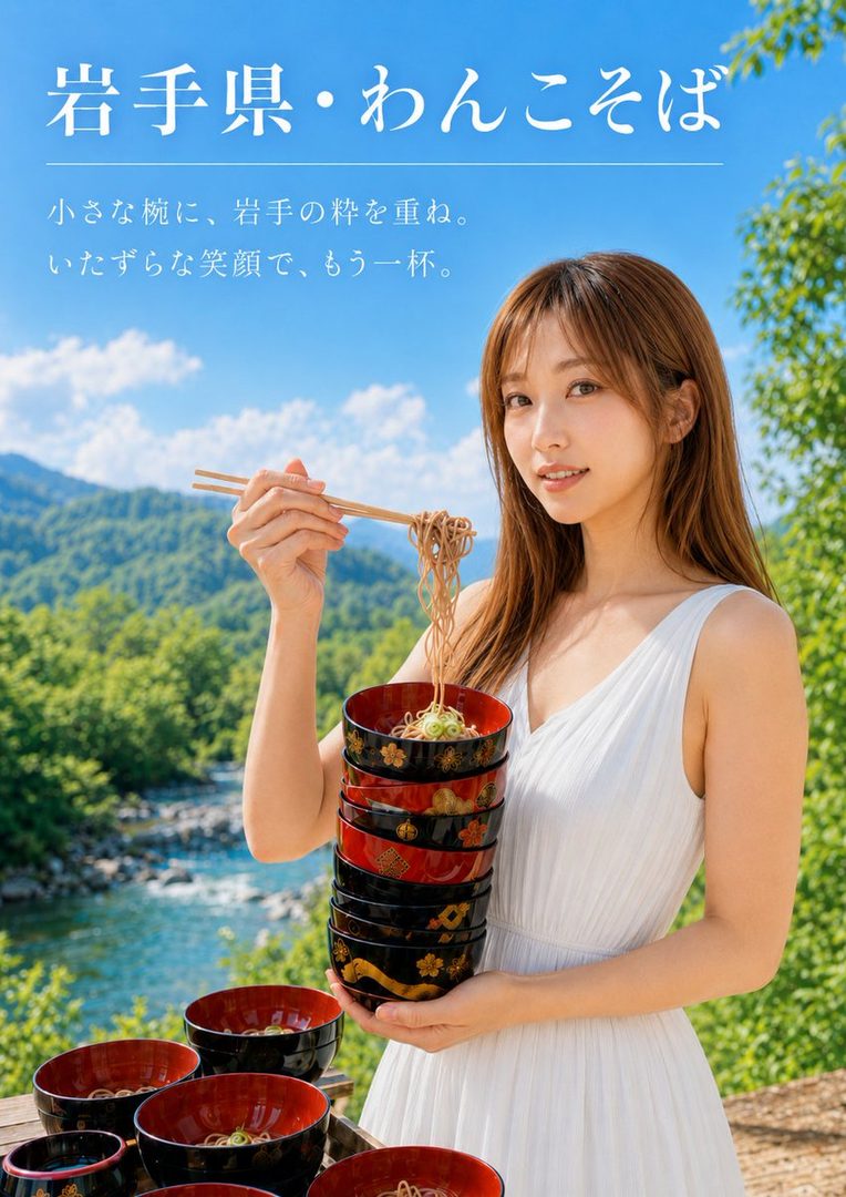 A young Japanese woman in a flowing white dress holds chopsticks with noodles and a tall stack of lacquered bowls against a vibrant mountain river landscape.