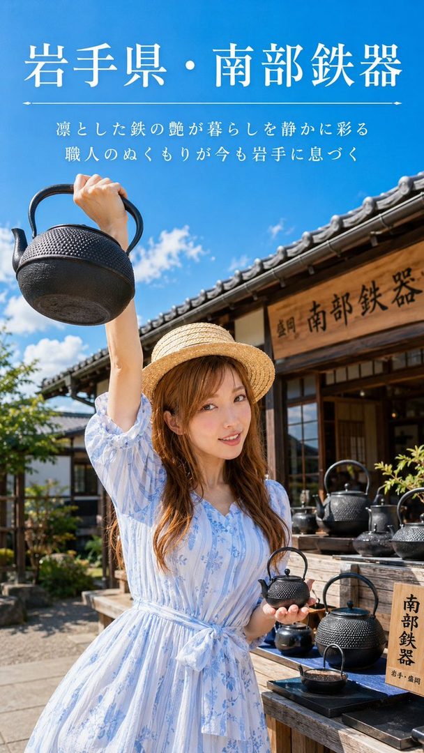 Young woman in a blue floral dress and straw hat holding a traditional black iron teapot in front of a Japanese ironware shop on a sunny day.