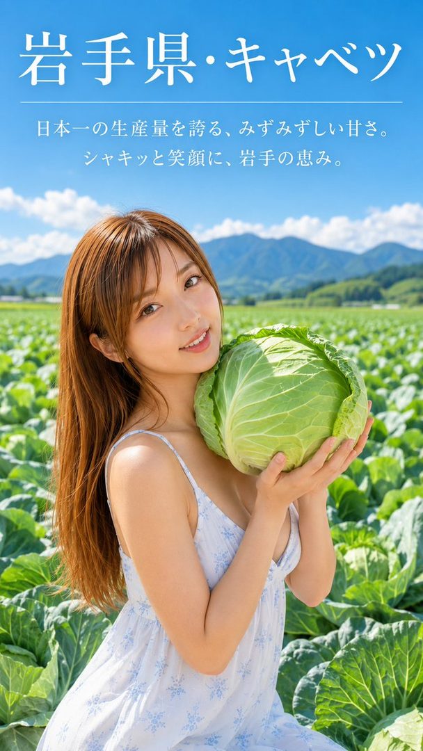 A young woman with long brown hair smiles while holding a large cabbage in a sunny green field with mountains in the background.