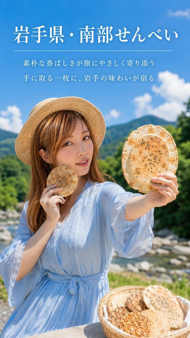 A young woman in a light blue dress and straw hat holding traditional Japanese senbei crackers by a mountain river on a sunny day.