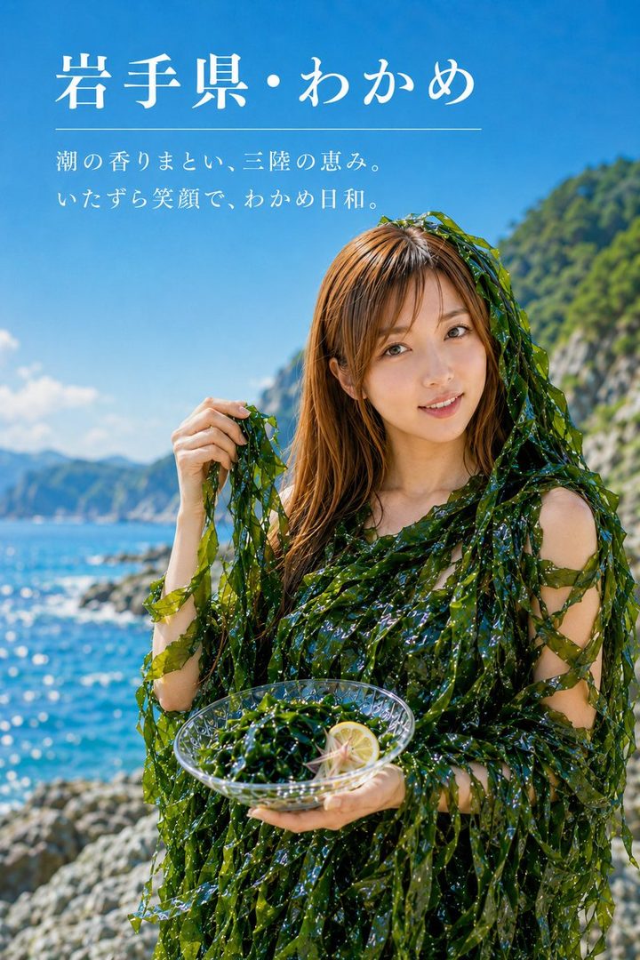 A smiling Japanese woman draped in fresh wakame seaweed holds a glass bowl of salad by the rocky coast of Iwate Prefecture.