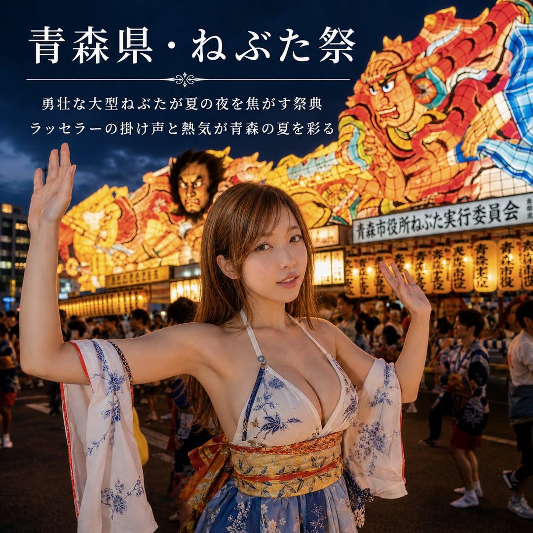 Young woman posing at the illuminated Aomori Nebuta Festival at night wearing a revealing festival yukata.