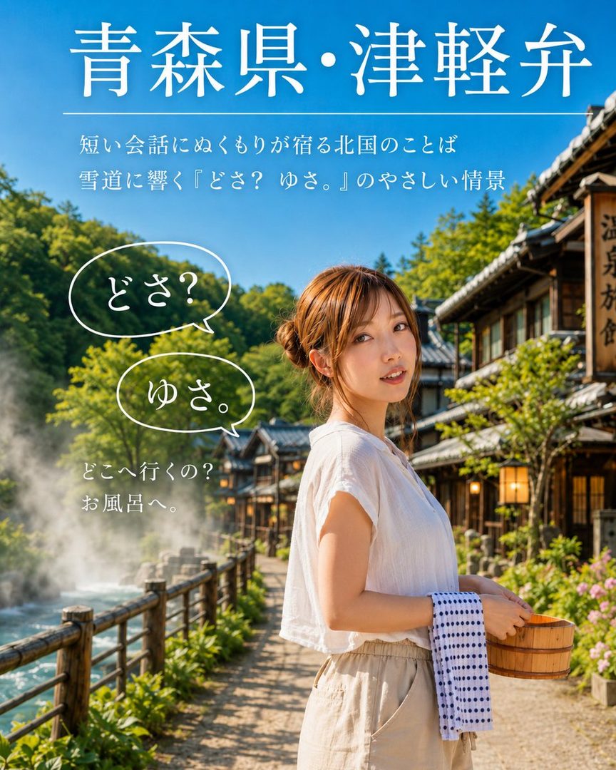 A young Japanese woman with light brown hair in a bun stands on a wooden path in a traditional hot spring village in Aomori, holding a wooden bucket and polka-dot towel under a clear blue sky.