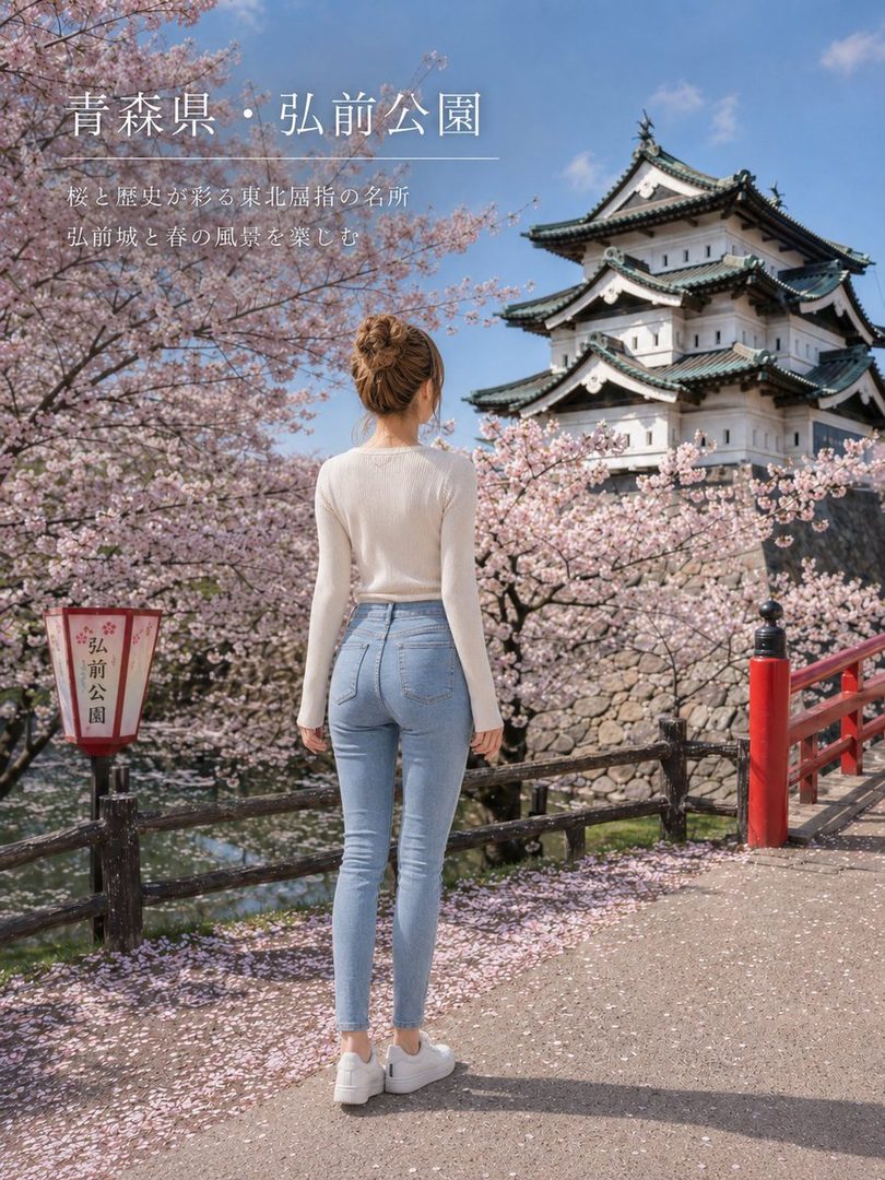 Woman viewed from behind wearing a white sweater and jeans, standing before Hirosaki Castle amid blooming cherry blossoms on a sunny spring day.