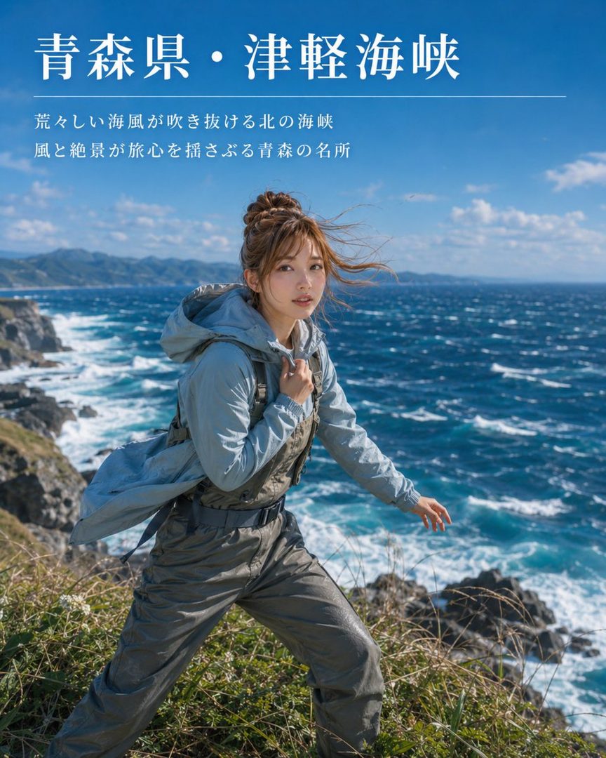 Young Japanese woman in outdoor hiking gear posing on a windy cliff overlooking the blue Tsugaru Strait ocean.