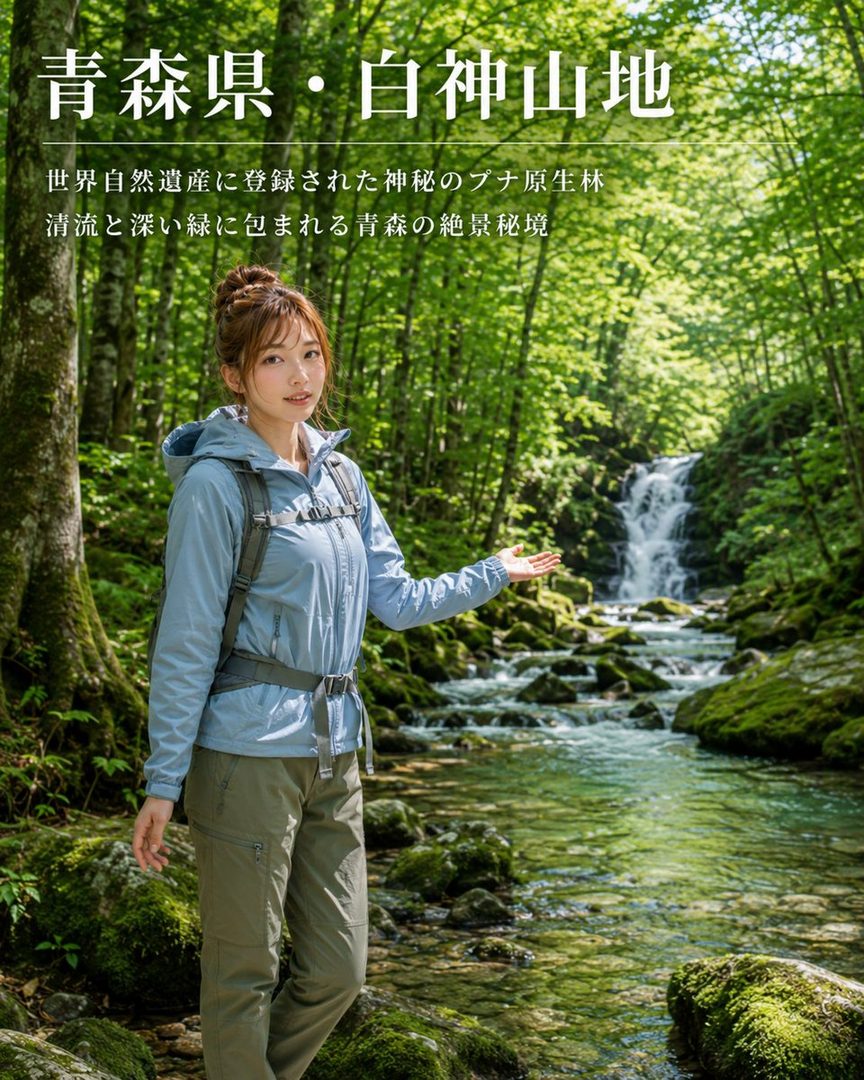 Young Japanese woman in hiking attire posing by a mossy stream with waterfall in lush green forest.