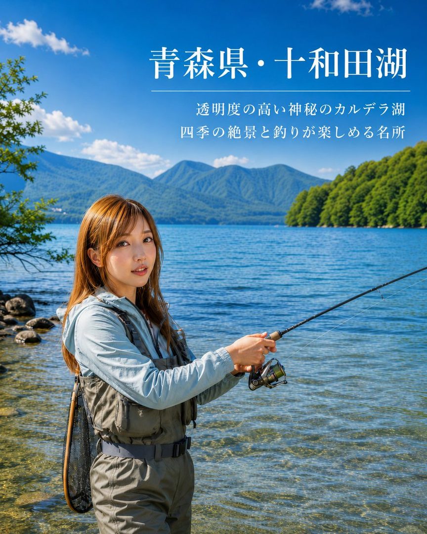 Young woman in fishing gear holding a rod by the clear blue waters of Lake Towada with mountain backdrop.