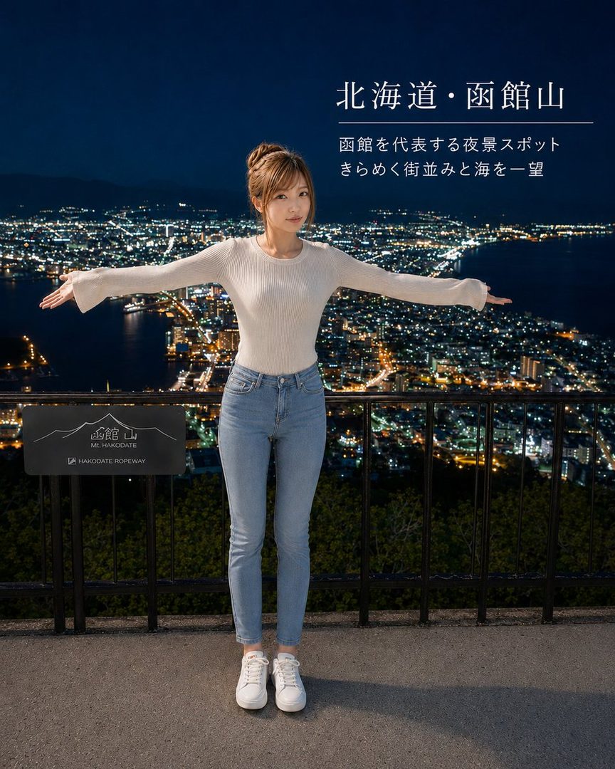 A young woman in a white sweater and jeans posing with arms outstretched at a nighttime overlook of Hakodate's illuminated cityscape.