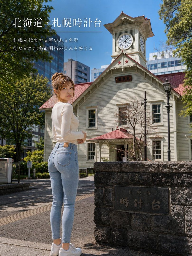 A young woman in a white sweater and jeans posing in front of the historic Sapporo Clock Tower on a sunny day.