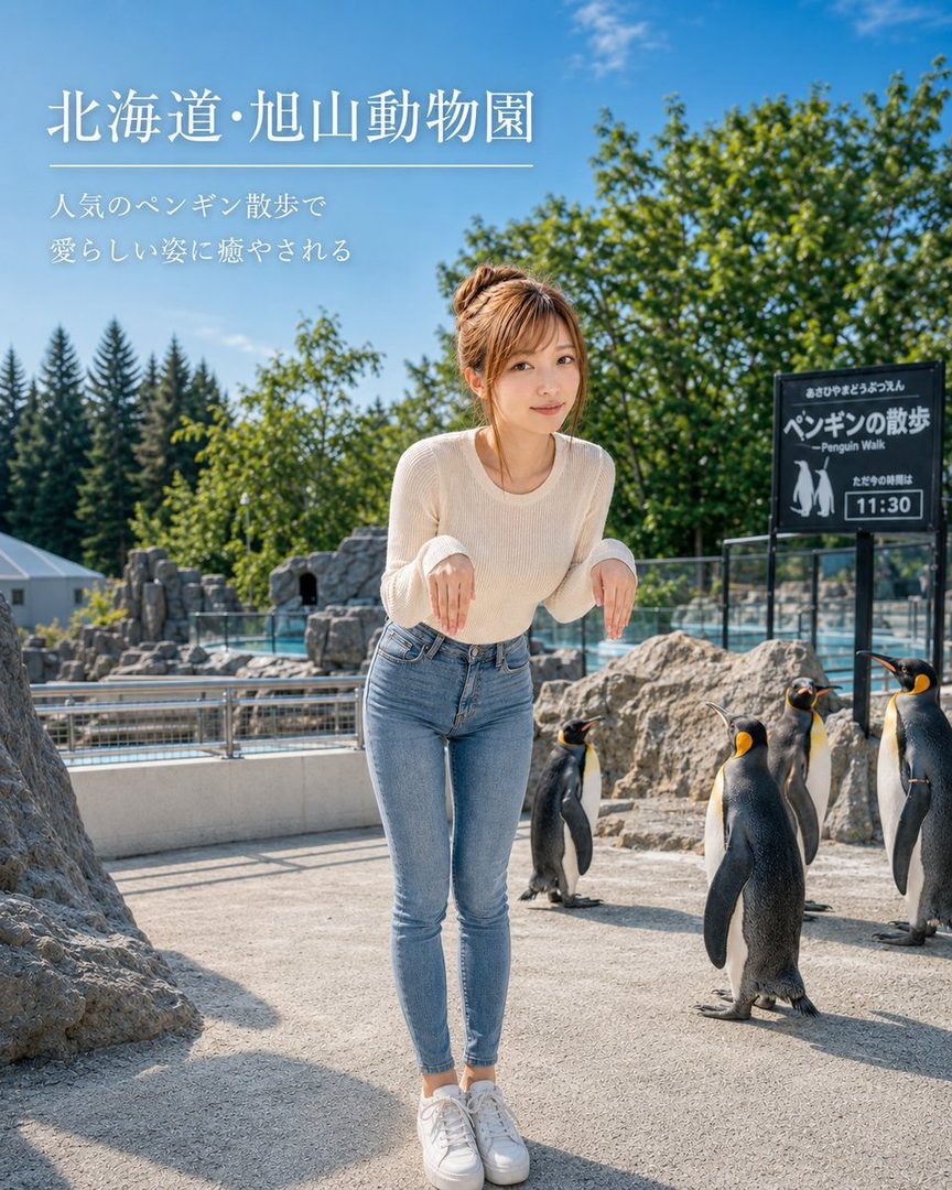 Young Japanese woman posing outdoors with king penguins at Asahiyama Zoo in Hokkaido on a sunny day.