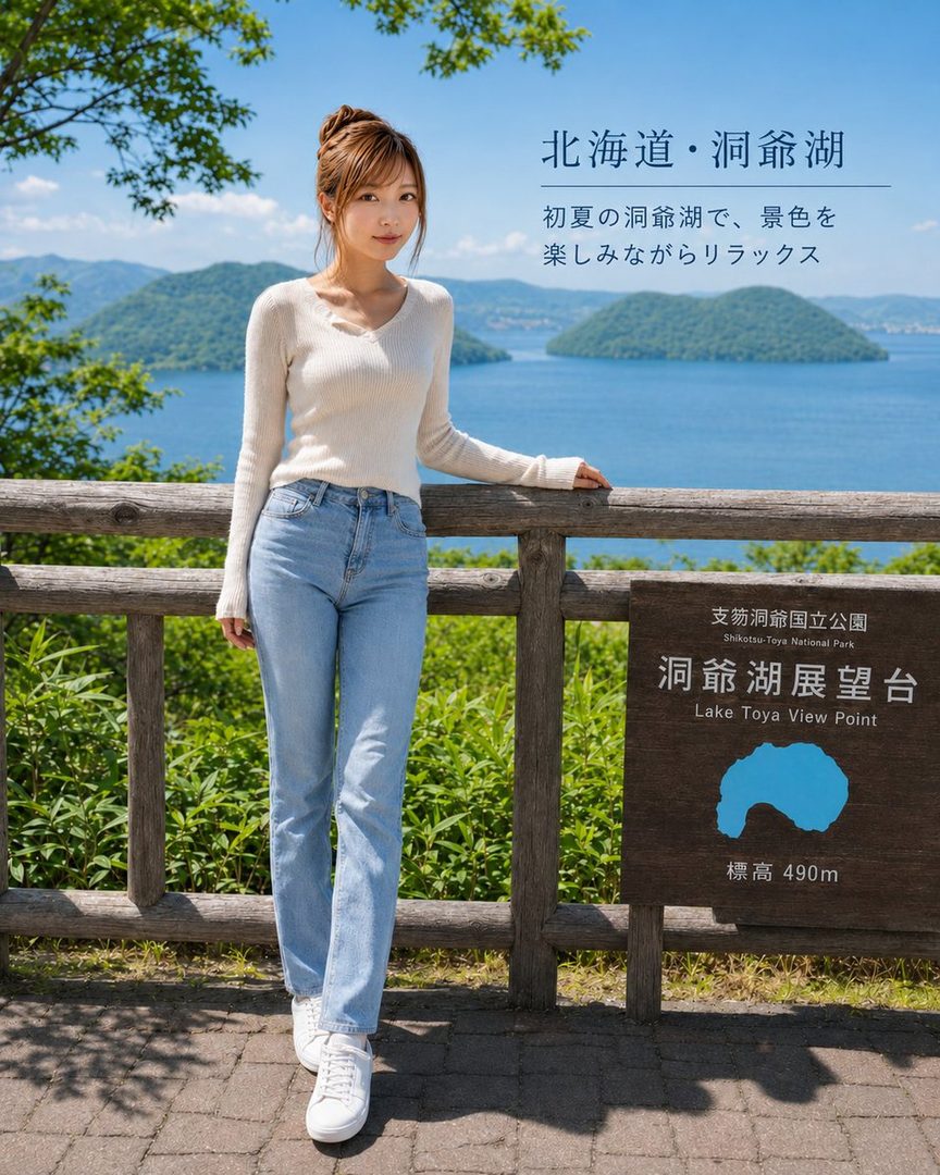 Young woman in casual sweater and jeans posing at Lake Toya viewpoint in Hokkaido with scenic lake and mountains behind her.