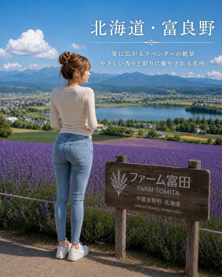 A woman in a white sweater and jeans stands in a vast lavender field overlooking mountains and a lake in Hokkaido.