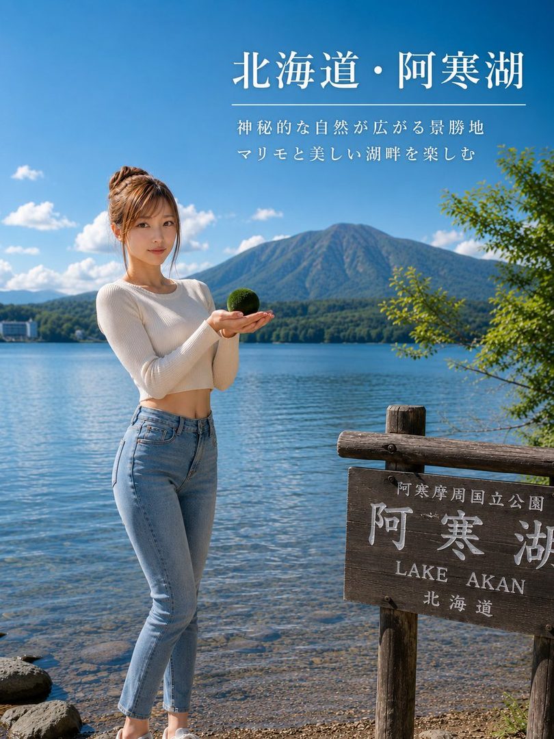 A young Japanese woman in casual sweater and jeans stands by Lake Akan holding a marimo ball with scenic mountains behind her under a clear blue sky.