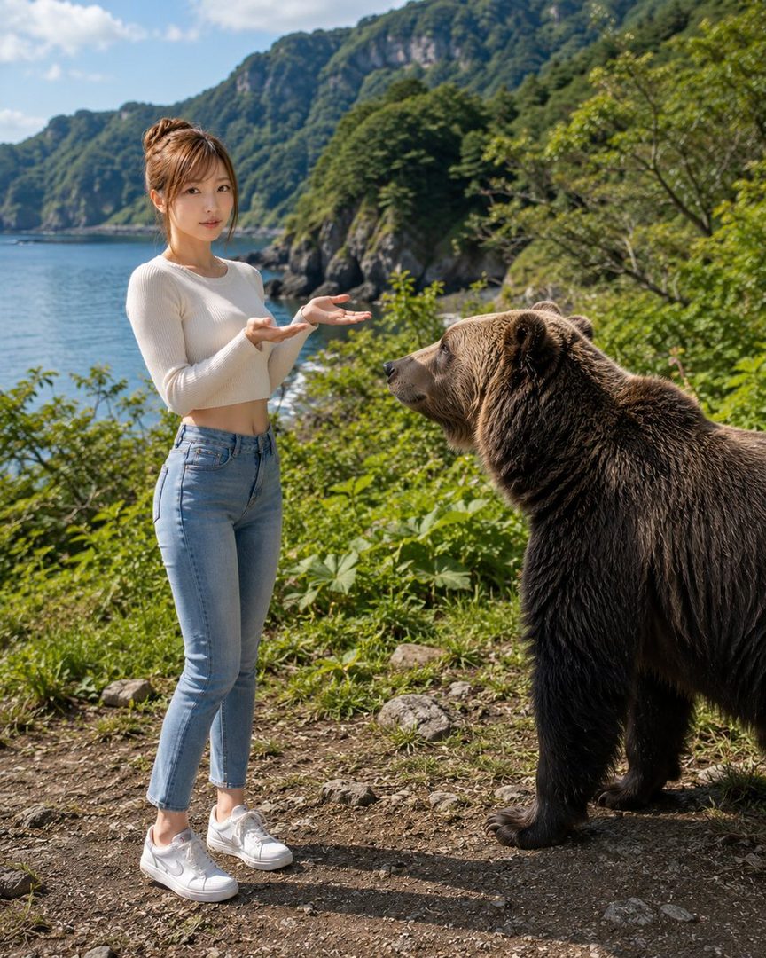 A young Japanese woman in casual jeans and crop top stands outdoors gesturing toward a large brown bear on a scenic coastal trail with mountains and sea in the background.