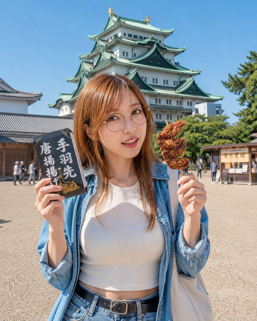 Young woman with glasses holding grilled chicken skewer and menu in front of Nagoya Castle under clear blue sky.