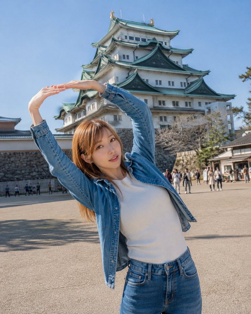 Young woman in denim jacket stretching playfully in front of Nagoya Castle on a sunny day.