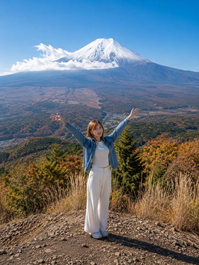 A smiling young woman stands with arms outstretched on a mountain trail overlooking Mount Fuji amid autumn foliage under a clear blue sky.
