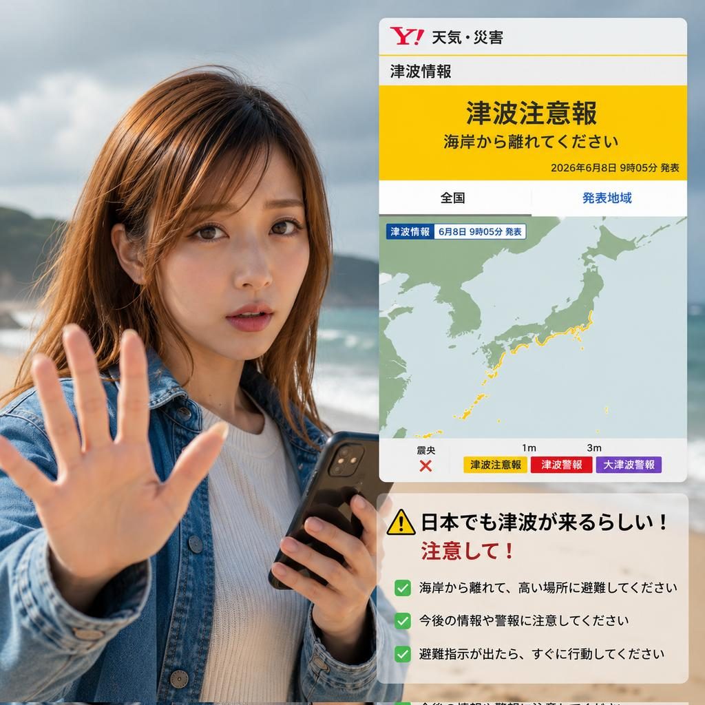 Young Japanese woman with long brown hair in denim jacket gesturing stop at the beach while holding smartphone, overlaid with tsunami warning alert.